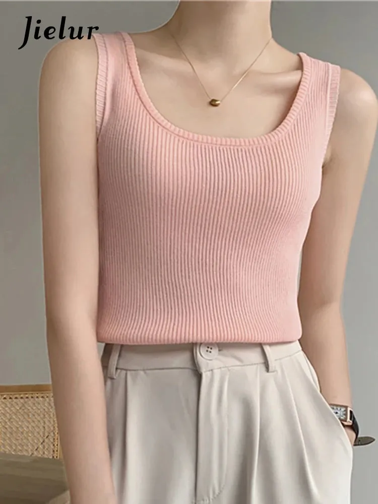 Summer Pink Sleeveless Female Tank Tops Fashion Elegant Office Lady Basic Solid Color Simple Chic Knitted Women's Camis