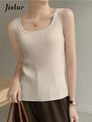 Summer Pink Sleeveless Female Tank Tops Fashion Elegant Office Lady Basic Solid Color Simple Chic Knitted Women's Camis