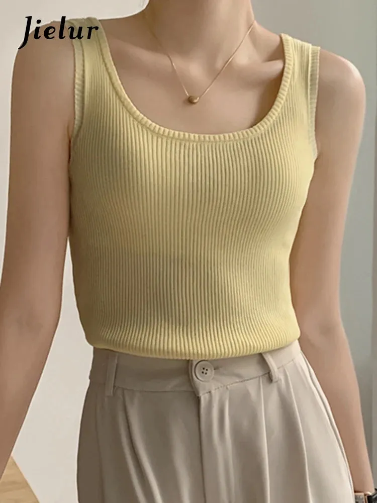 Summer Pink Sleeveless Female Tank Tops Fashion Elegant Office Lady Basic Solid Color Simple Chic Knitted Women's Camis