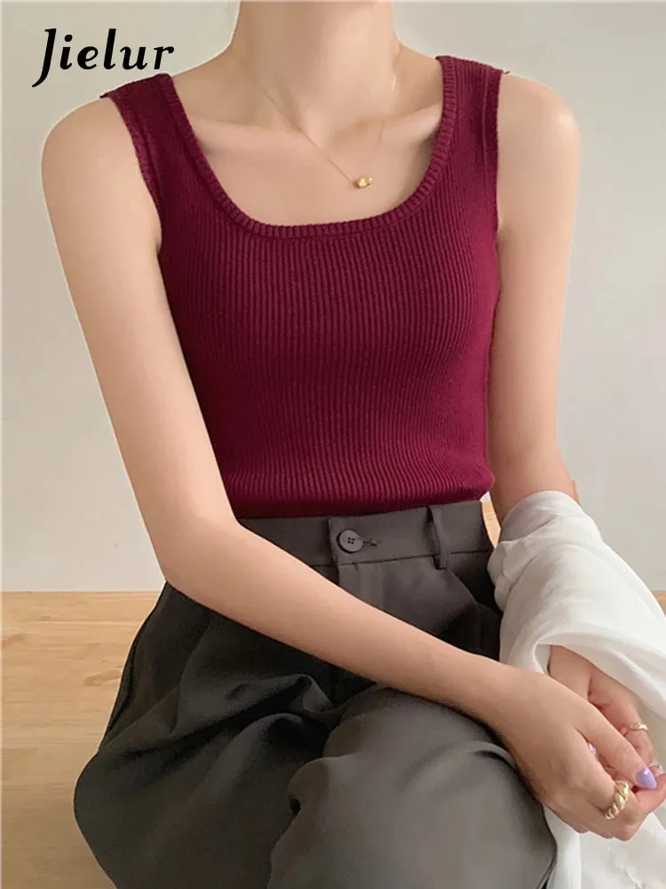 Summer Pink Sleeveless Female Tank Tops Fashion Elegant Office Lady Basic Solid Color Simple Chic Knitted Women's Camis