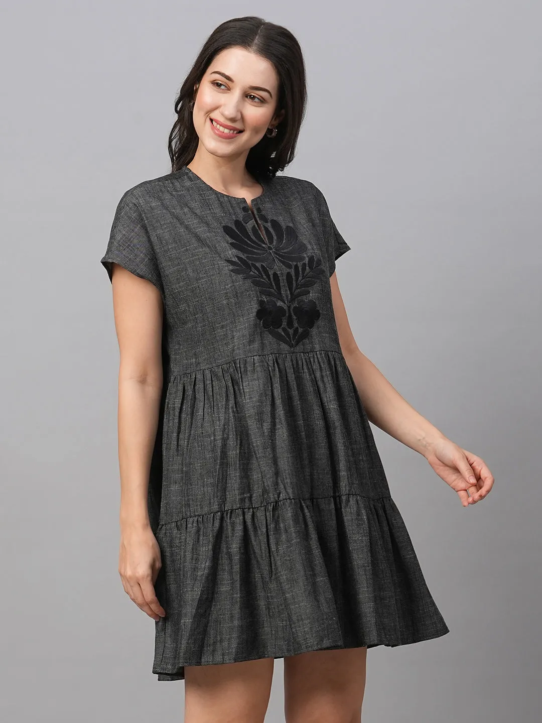 Women's Black Cotton Tiered Dress