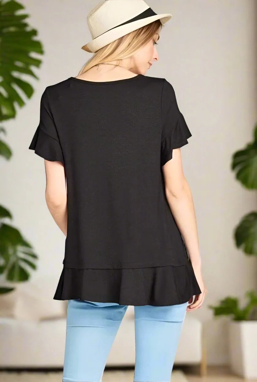 Womens Black Short Sleeve Top, Flutter Sleeve Shirt, Ruffle Hem Shirt, Sizes S/M/L, Solid Black