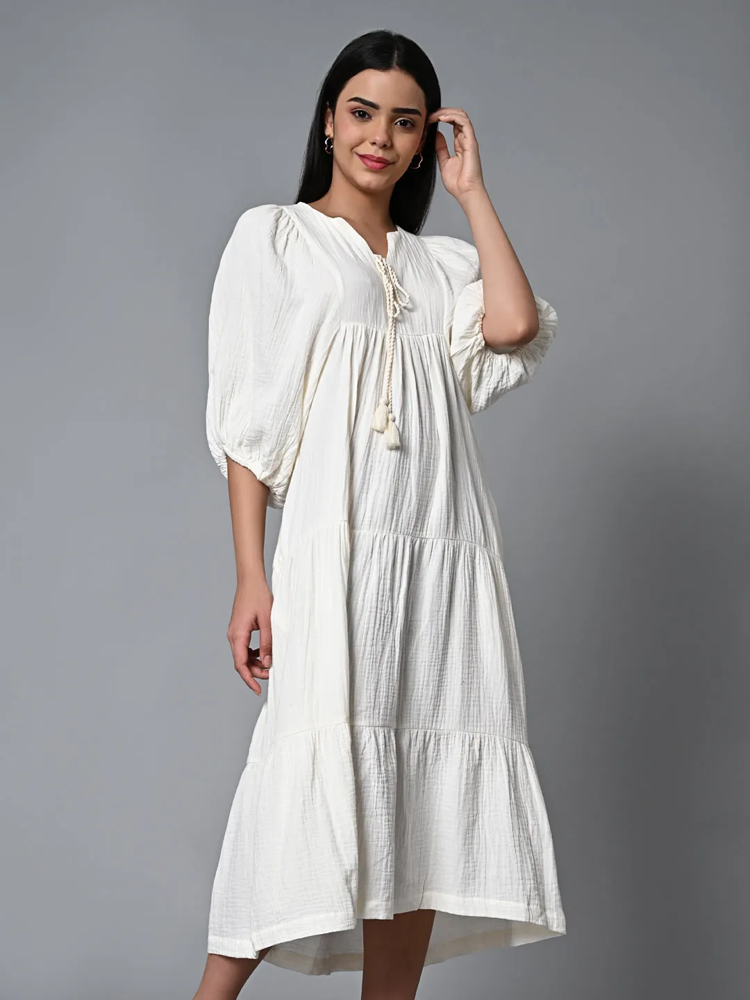 Women's Offwhite Cotton Regular Fit Dress