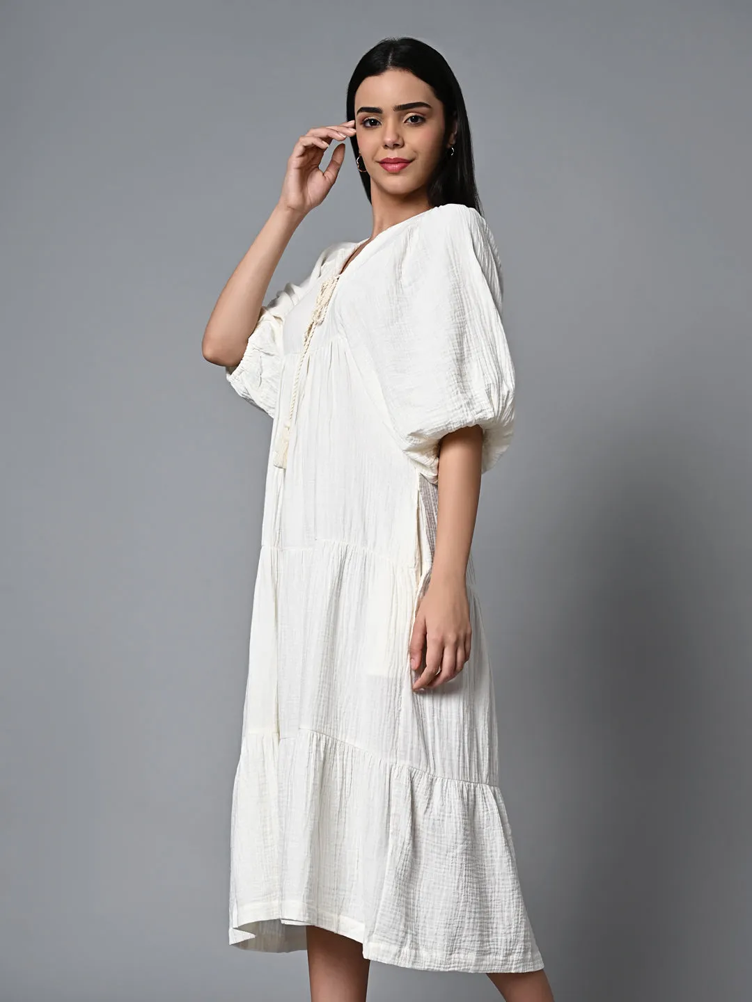 Women's Offwhite Cotton Regular Fit Dress