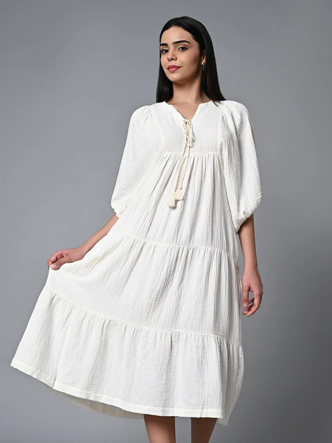 Women's Offwhite Cotton Regular Fit Dress